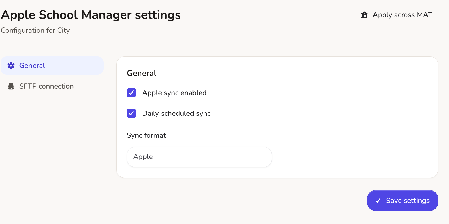 Realsmart Web App Apple Sync Configuration Interface