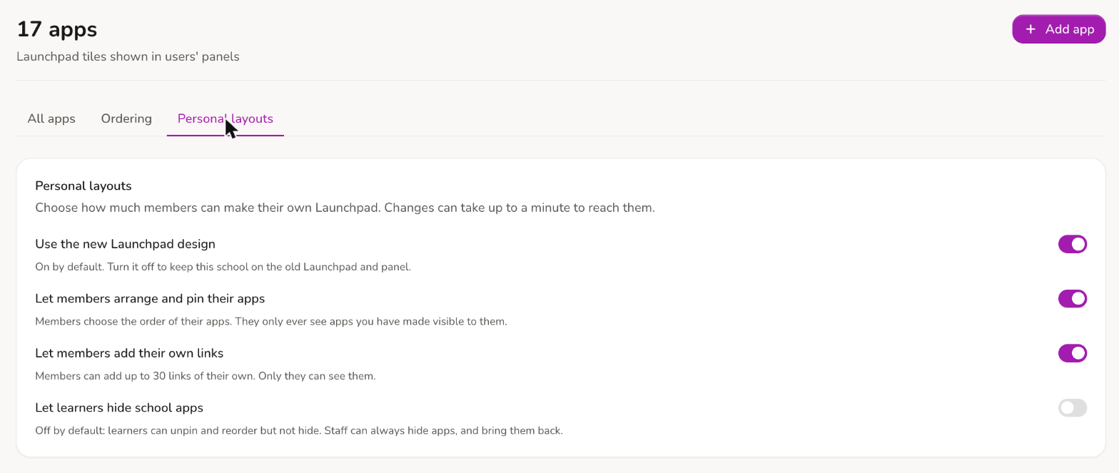 The Personal layouts tab in ADAdmin, with four switches