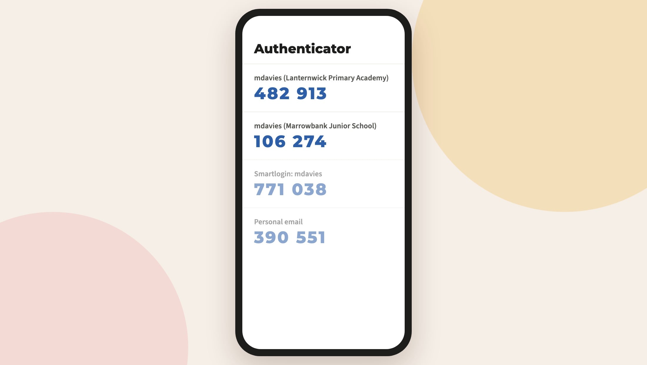 An authenticator app listing two Realsmart entries for the same teacher, each named with its school.