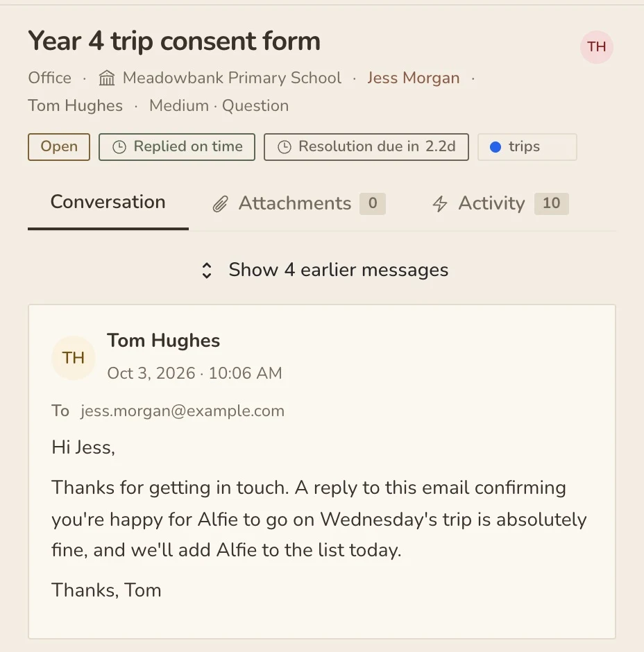 Beacon activity timeline: created, assigned to Sarah by a rule, Sarah replied and added a note, Claire reassigned it to Tom, Tom replied, all with times