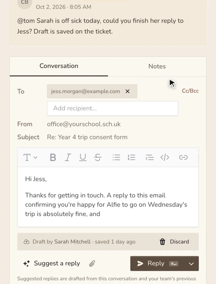 Recorded in Beacon: Tom completes the reply Sarah drafted before going off sick and sends it, with an option to undo