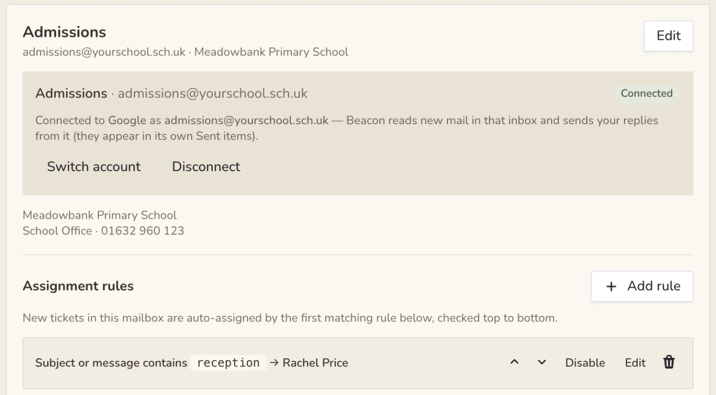 Beacon mailbox settings: admissions@ connected to Google, replies sent from that inbox and kept in its Sent items, with an assignment rule that sends Reception enquiries to Rachel