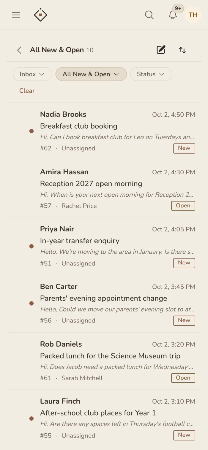 Beacon on a phone: the shared inbox with each email's status and owner