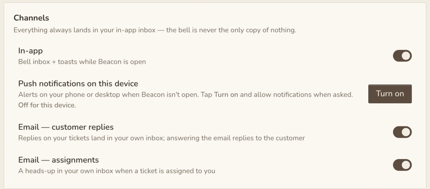 Beacon notification settings: in-app, push notifications on this device, and email for customer replies and assignments