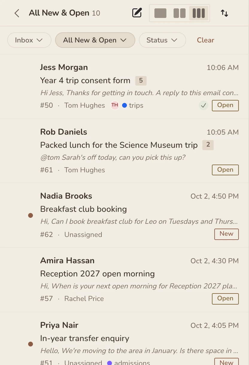 Beacon shared inbox: every email with its owner and status, unassigned ones waiting for whoever is free, and Tom shown live on the email he is working on