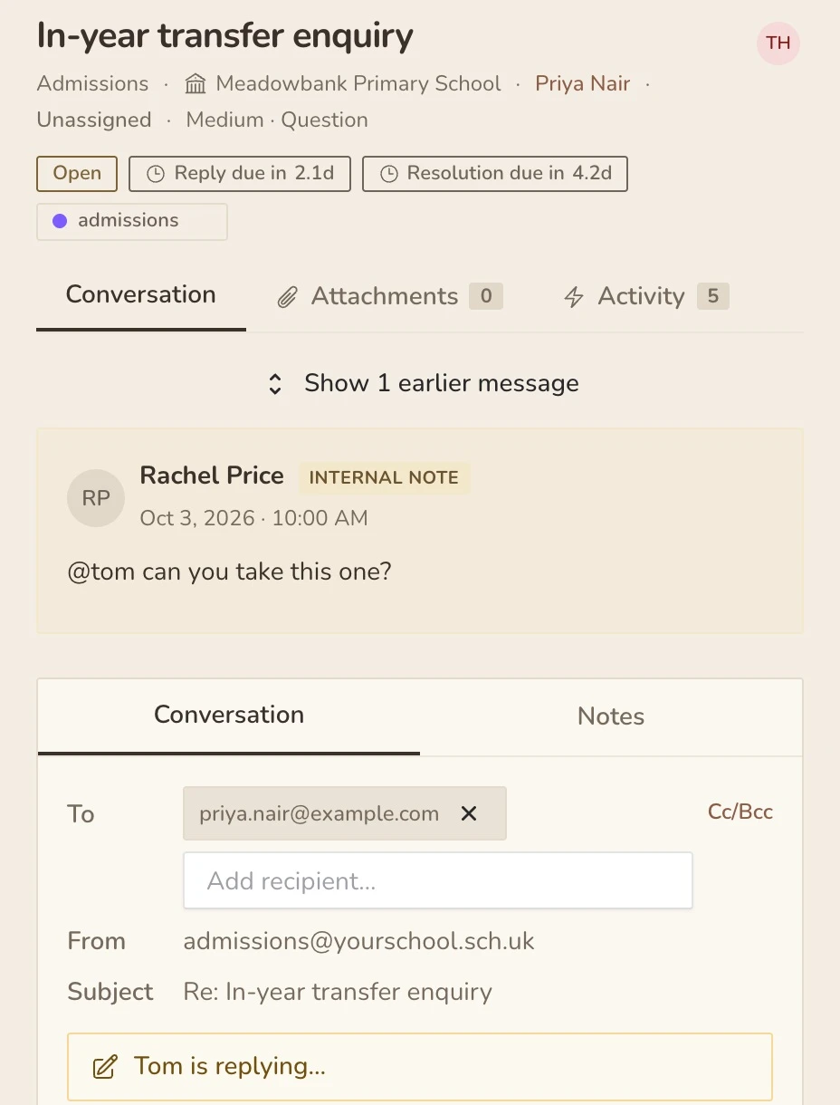 Beacon composer warning Tom is replying, with Tom shown viewing the email, before Rachel writes a second answer