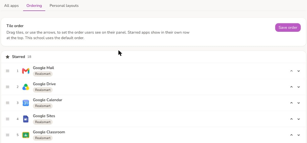 Apps, Ordering tab in ADAdmin: the school's starred apps in order, with arrows and drag handles to move them