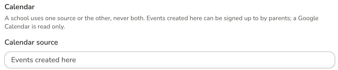 Smart Parents settings in ADAdmin: Calendar source set to Events created here