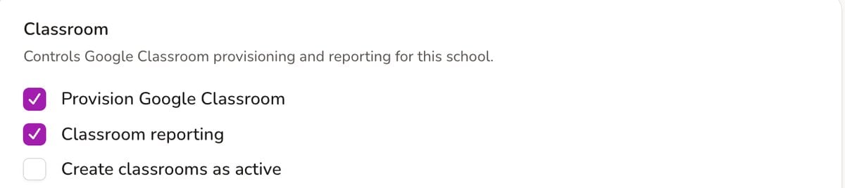 Google Classroom settings in ADAdmin with Classroom reporting ticked