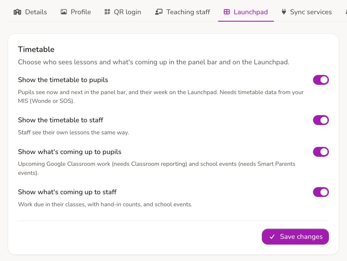 School settings, Launchpad tab in ADAdmin: switches to show the timetable and what's coming up to pupils and to staff