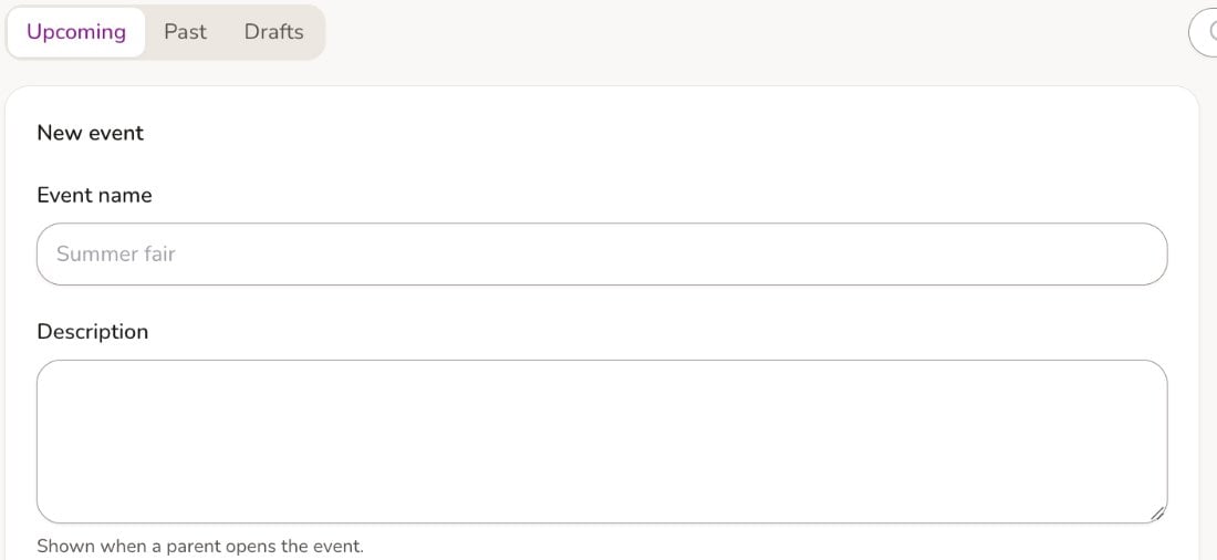 Smart Parents Events tab in ADAdmin with the New event form open