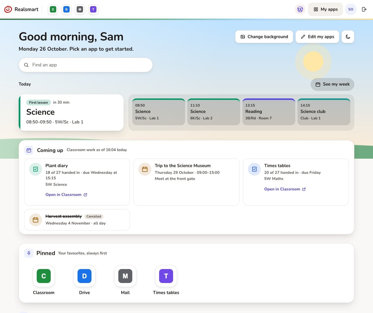 A teacher's Launchpad before school: the first lesson in 30 minutes, today's classes, and Coming up showing Classroom work with how many pupils have handed in