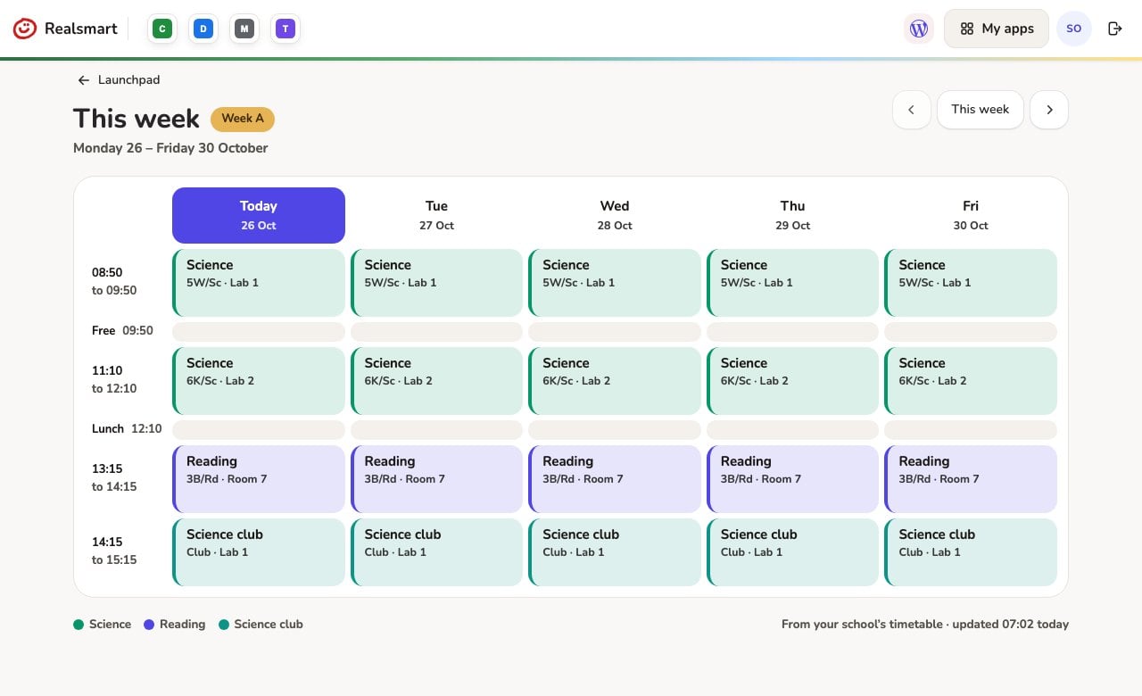 The My week page for a made-up teacher: each lesson shows the class code and room, with free periods and lunch marked