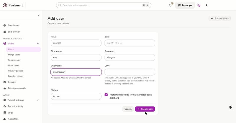 Adding a user in ADAdmin: choosing Learner, then typing a made-up name and username.