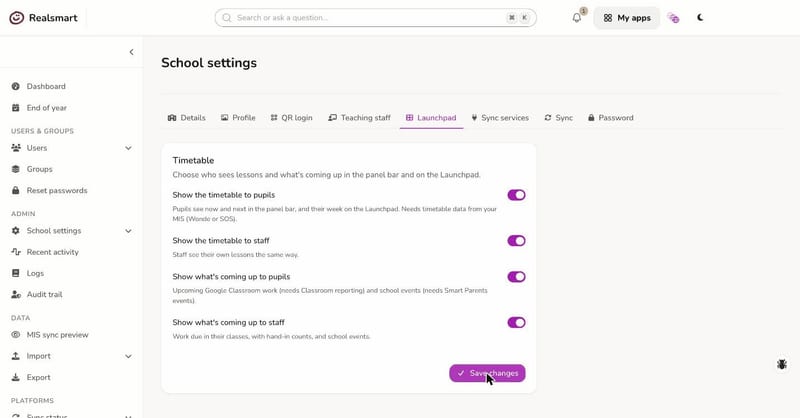 ADAdmin School settings, Launchpad tab: switches for who sees the timetable and what's coming up.