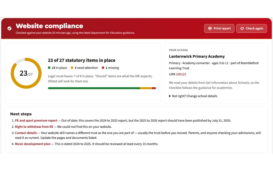 Website compliance for a fictional school: the score, the checklist of what's in place or missing, and where each item was found.