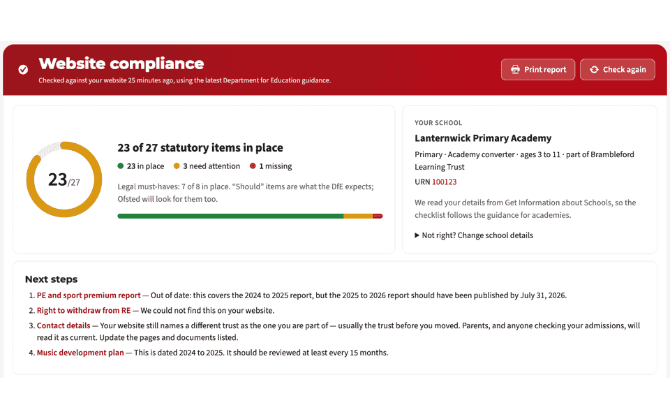Website compliance for a fictional school: the score, the checklist of what's in place or missing, and where each item was found.