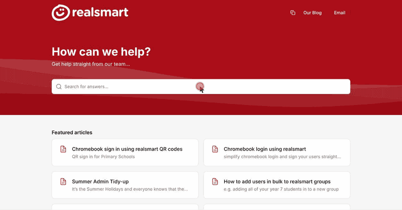Searching Realsmart's help guides: typing 'add a teacher' shows matching guides as you type.
