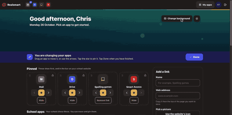 Editing the Launchpad: moving an app to the front and pinning another, and the bar updates straight away.