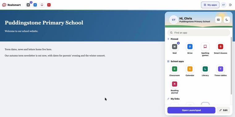 Opening the My apps menu on a school website and changing its background.