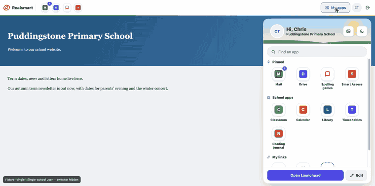 Opening the My apps menu on a school website and changing its background.