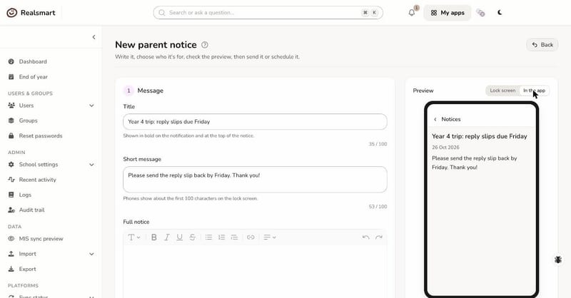 Writing a parent notice in ADAdmin: the phone preview updates as you type the title and message.