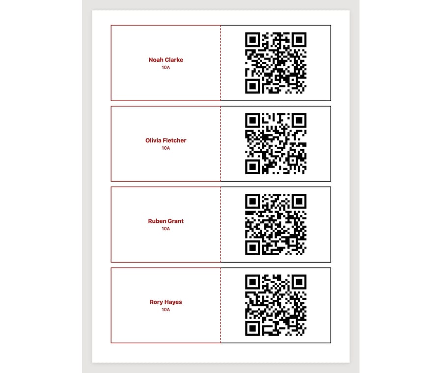 Printed QR sign-in cards for a class, then a pupil holding a card up to the camera to sign in, at a demo school.