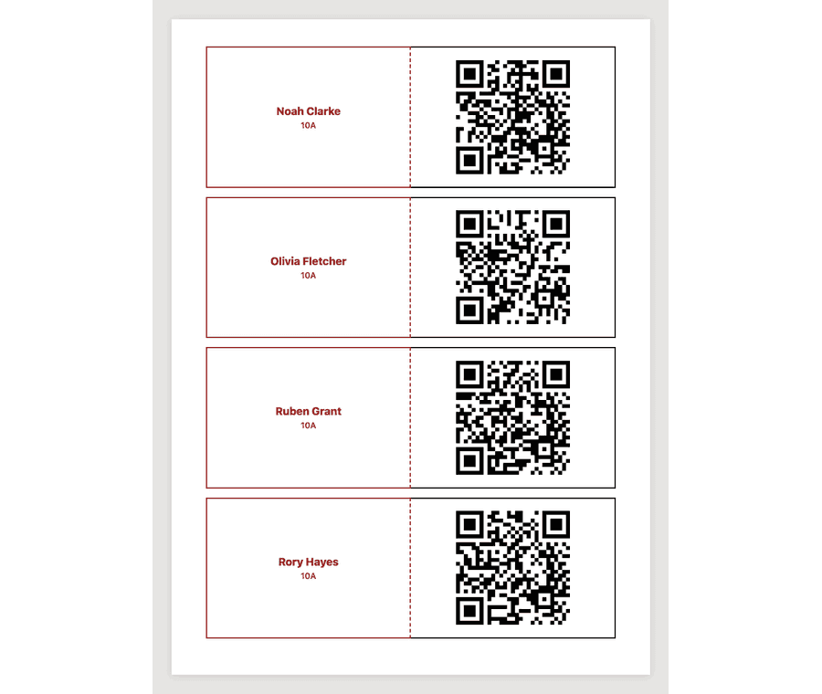 Printed QR sign-in cards for a class, then a pupil holding a card up to the camera to sign in, at a demo school.