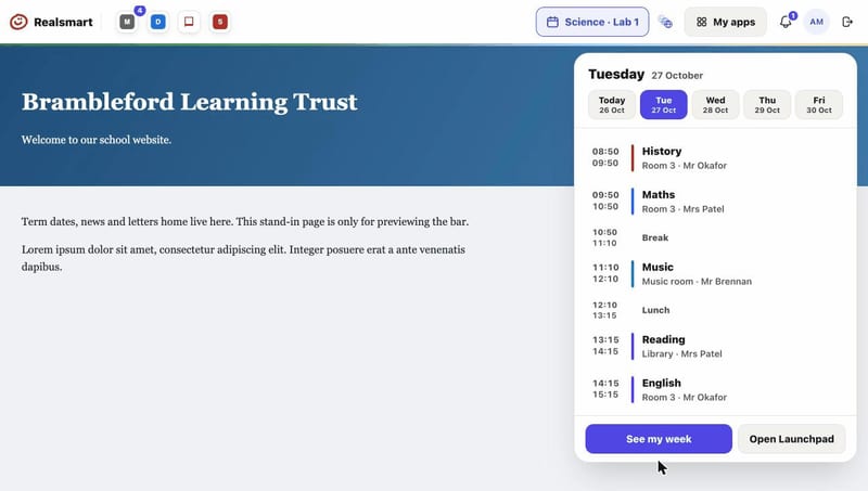 The Realsmart bar on a school website: tapping the lesson button shows what's on now and next, then Tuesday's lessons. All data is made up.
