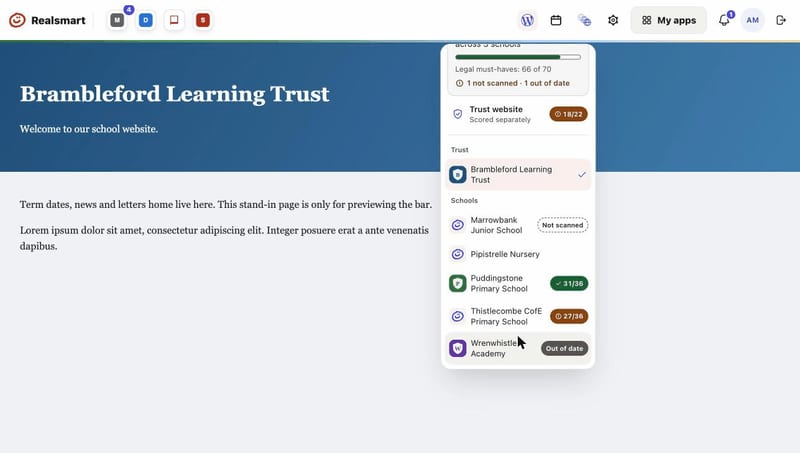 Opening the school switcher on a fictional trust's website to see each school's website compliance score.