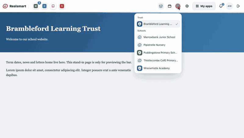 Opening the school switcher on a fictional trust's website to see each school's website compliance score.