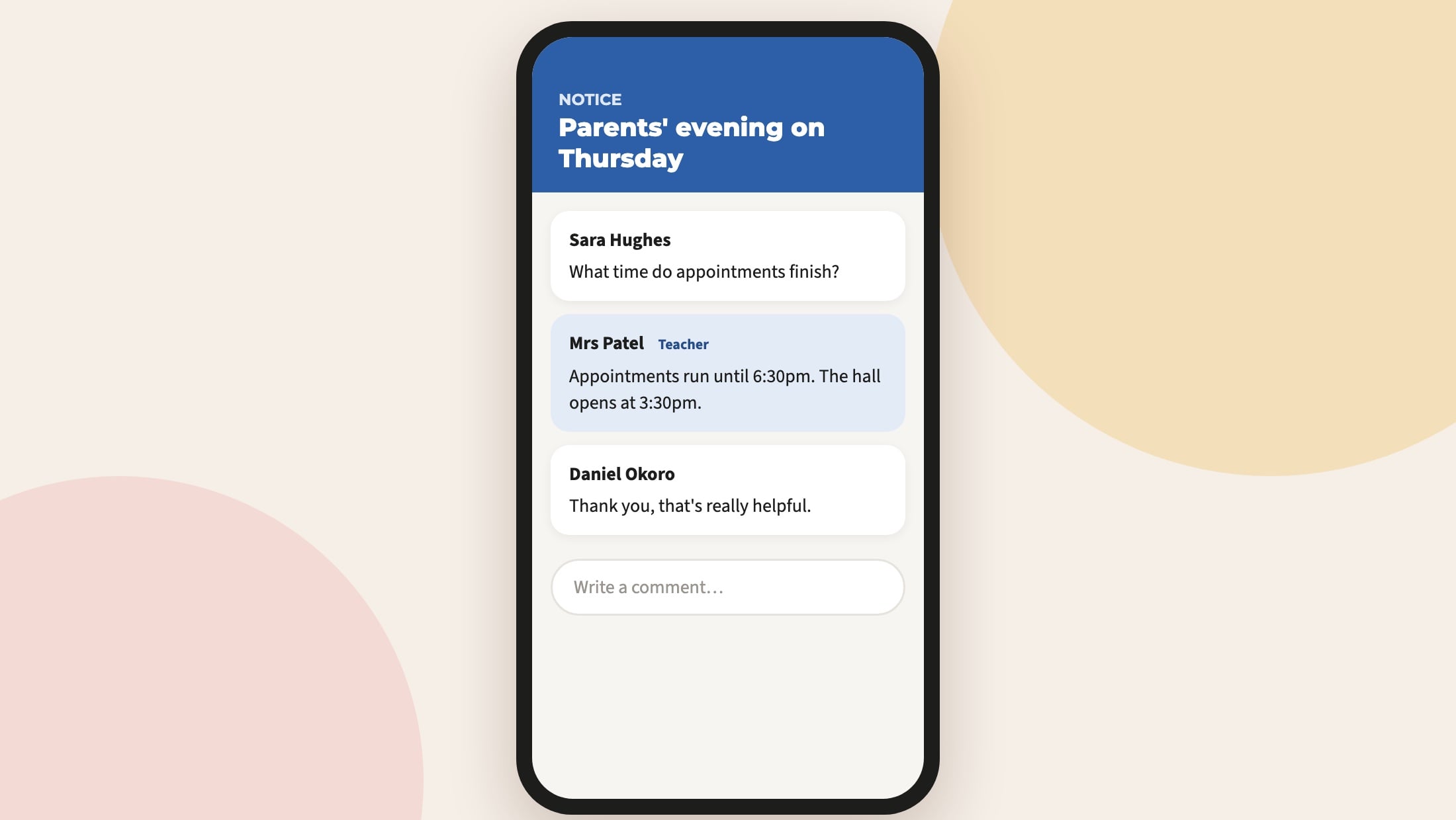 A parents' evening notice in the app with a parent's question, a teacher's answer and a thank you.