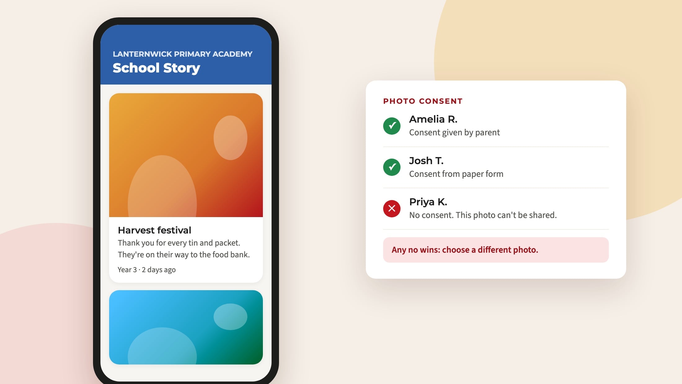 School Story in the Smart Parents app, beside a photo consent check where one pupil without consent stops a photo being shared.