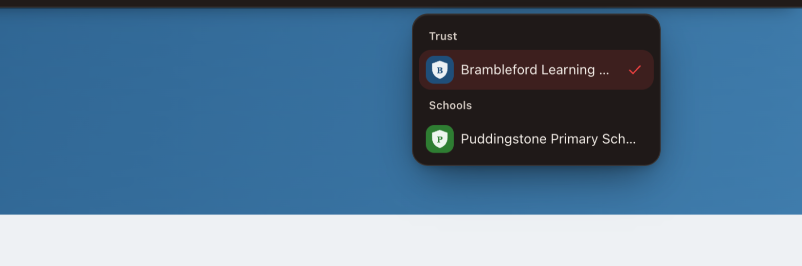 The same school admin on the trust website: the switcher lists the trust and their own school, with no scores. The trust and school are fictional.
