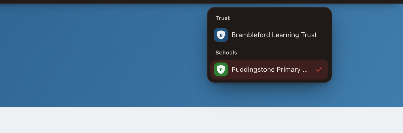 A school admin on their own school website: the switcher lists their school and their trust’s website. The trust and school are fictional.