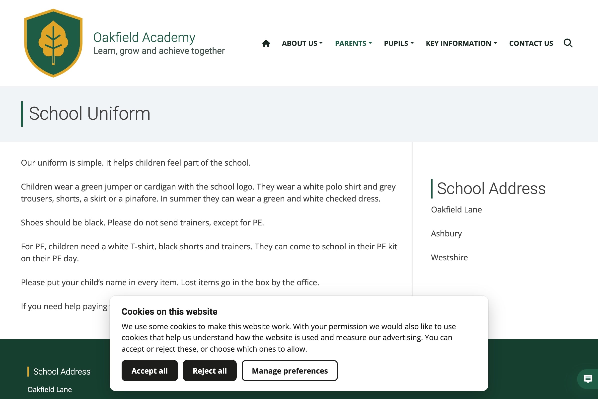 The demo school Oakfield Academy's School Uniform page with the cookie banner offering Accept all, Reject all and Manage preferences.