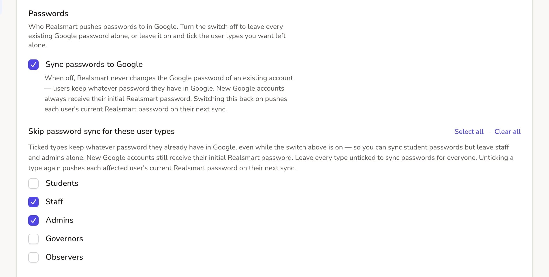 ADAdmin Google password sync settings skipping staff and admin accounts, at Oakfield Academy, a fictional demo school.