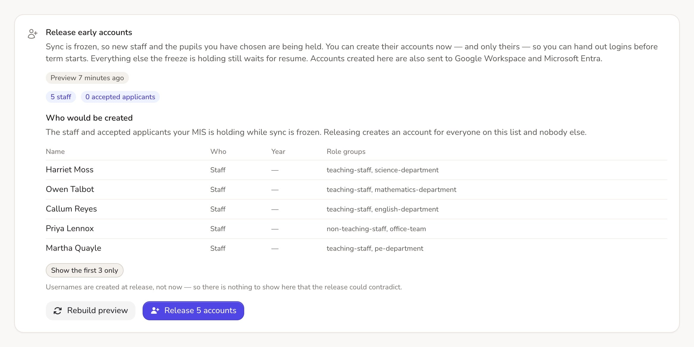 ADAdmin Release early accounts preview listing five new staff waiting while sync is frozen, at Hollin Bank Academy, a fictional demo school.