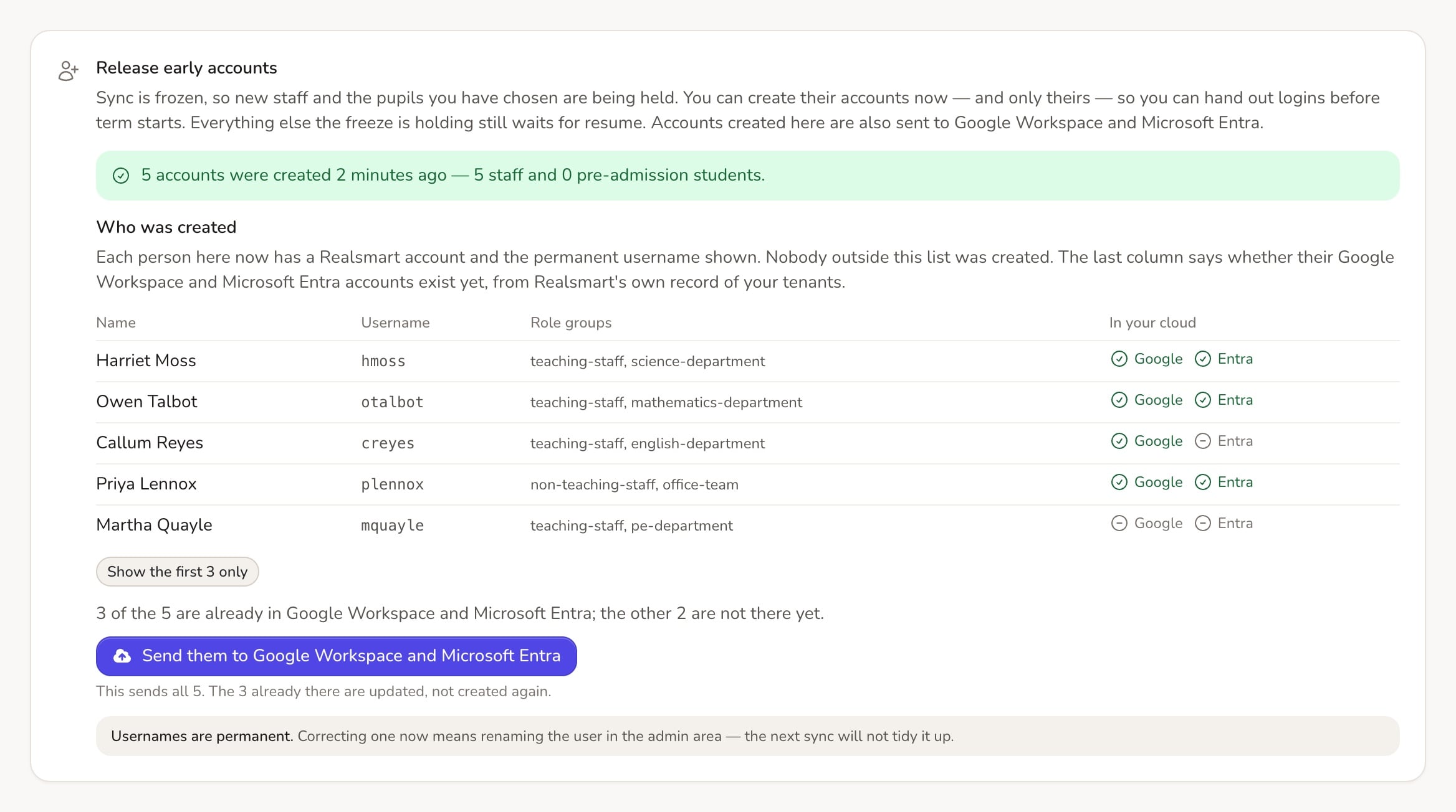 ADAdmin released-accounts list showing each new staff username and whether it exists yet in Google and Microsoft Entra, at Hollin Bank Academy, a fictional demo school.