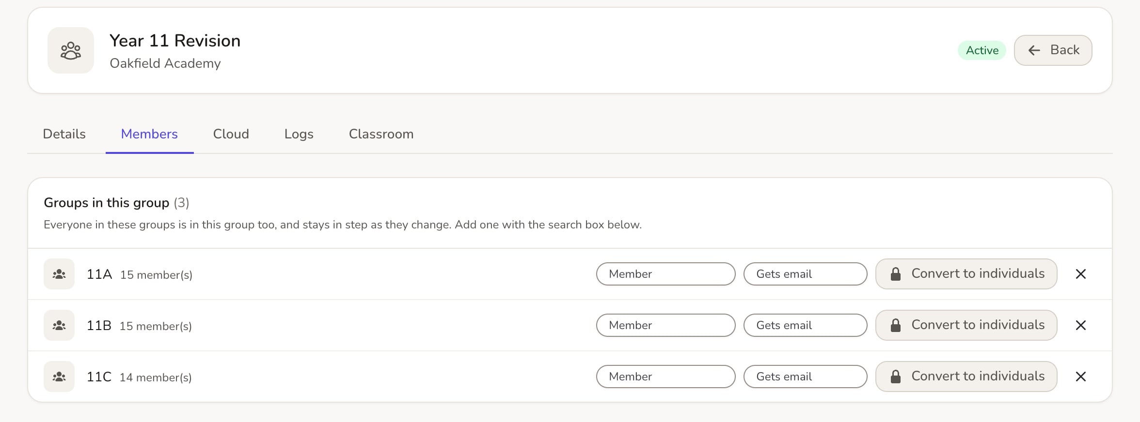 ADAdmin group Members tab showing the Year 11 Revision group containing registration groups 11A, 11B and 11C, at Oakfield Academy, a fictional demo school.
