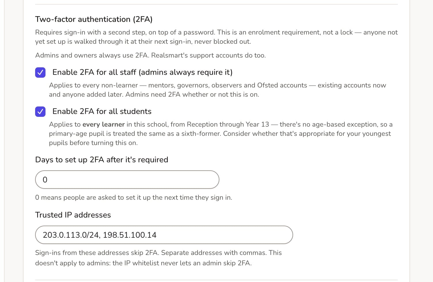ADAdmin School settings showing 2FA switched on for all staff and students and a list of trusted IP addresses, at Oakfield Academy, a fictional demo school.