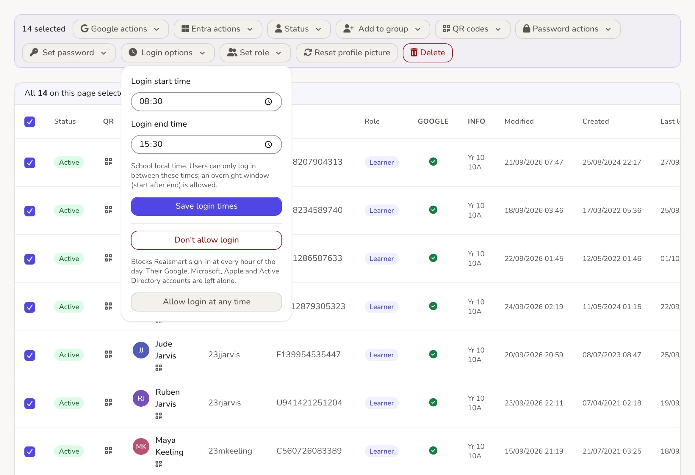ADAdmin Users bulk actions with a class of pupils selected and the Login options panel limiting sign-in to 08:30 to 15:30, at Oakfield Academy, a fictional demo school.