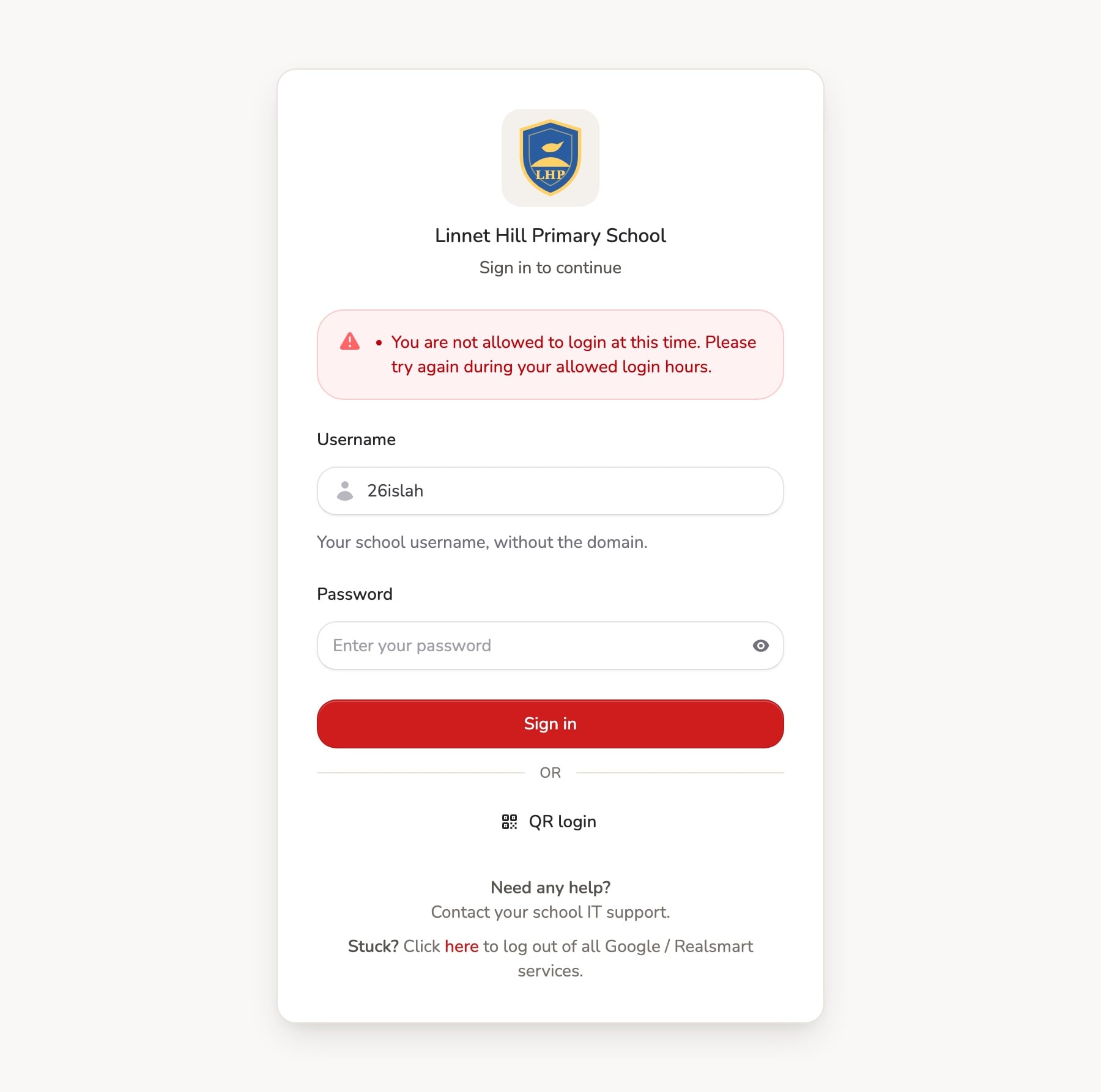 The sign-in page for the demo school Linnet Hill Primary School showing a red message: 'You are not allowed to login at this time. Please try again during your allowed login hours.'