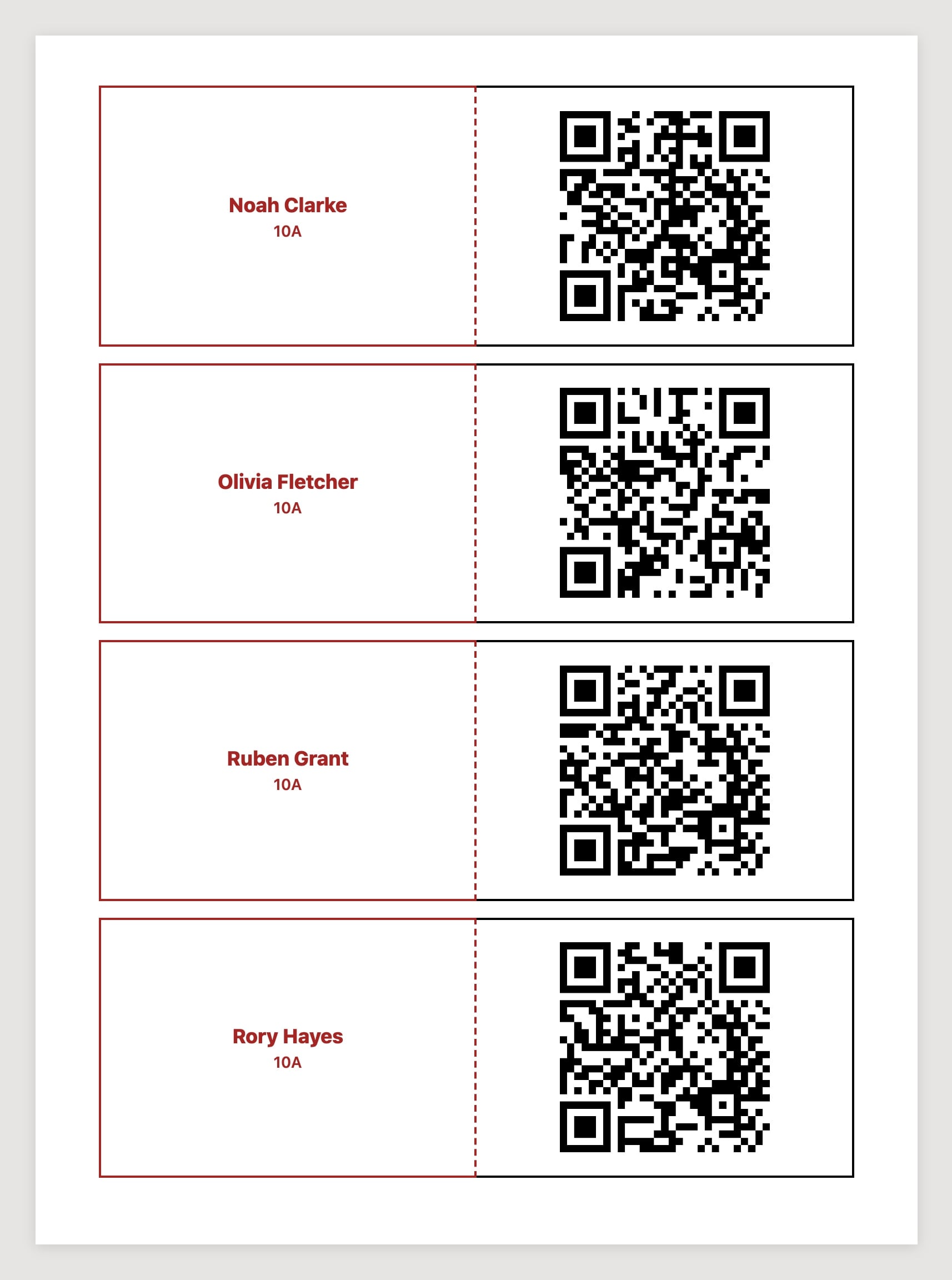 Printed QR code login cards for registration group 10A, from Oakfield Academy, a fictional demo school.