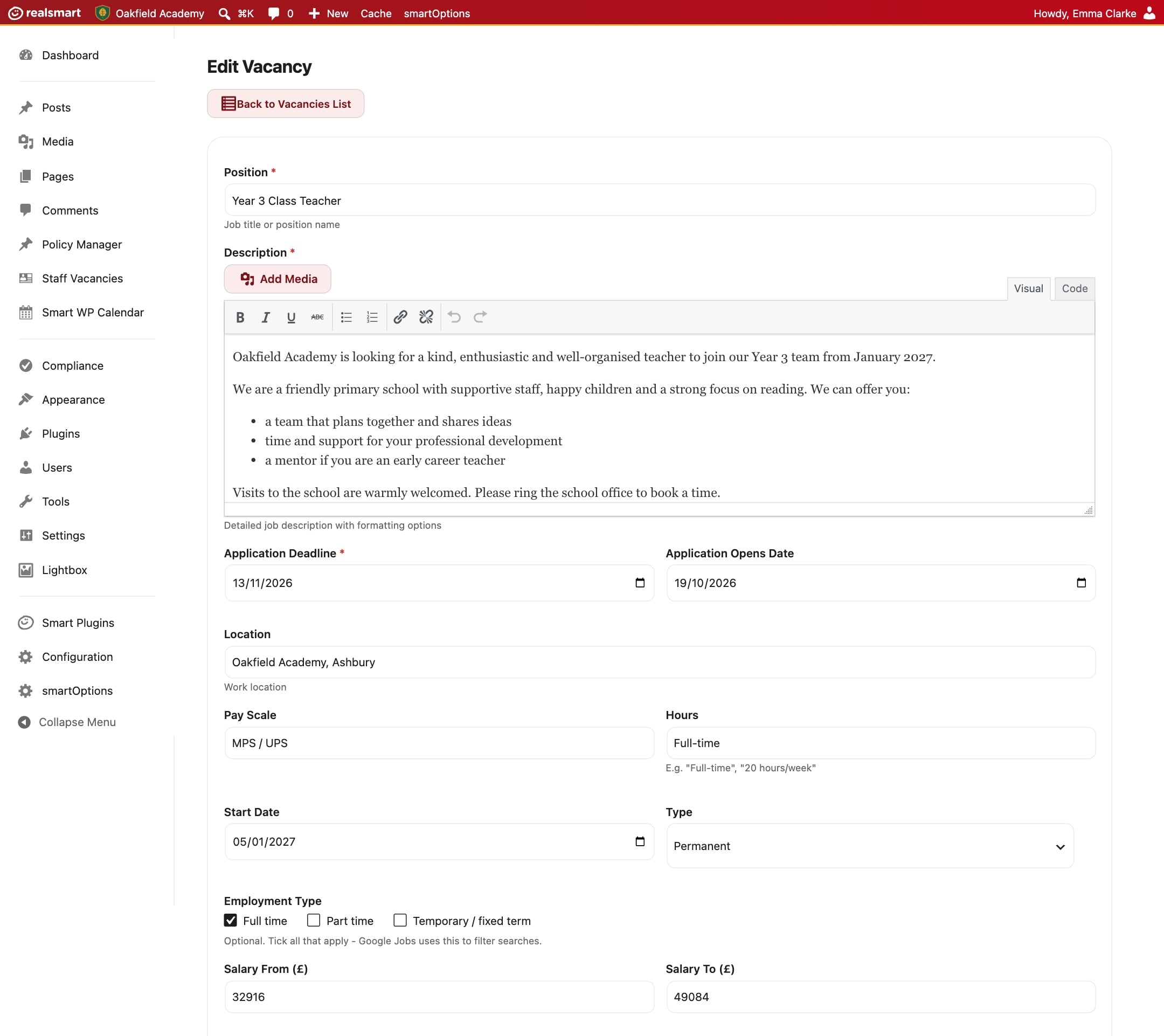 The Edit Vacancy screen for a Year 3 Class Teacher job at the demo school Oakfield Academy, with the deadline, opening date, location and salary filled in.