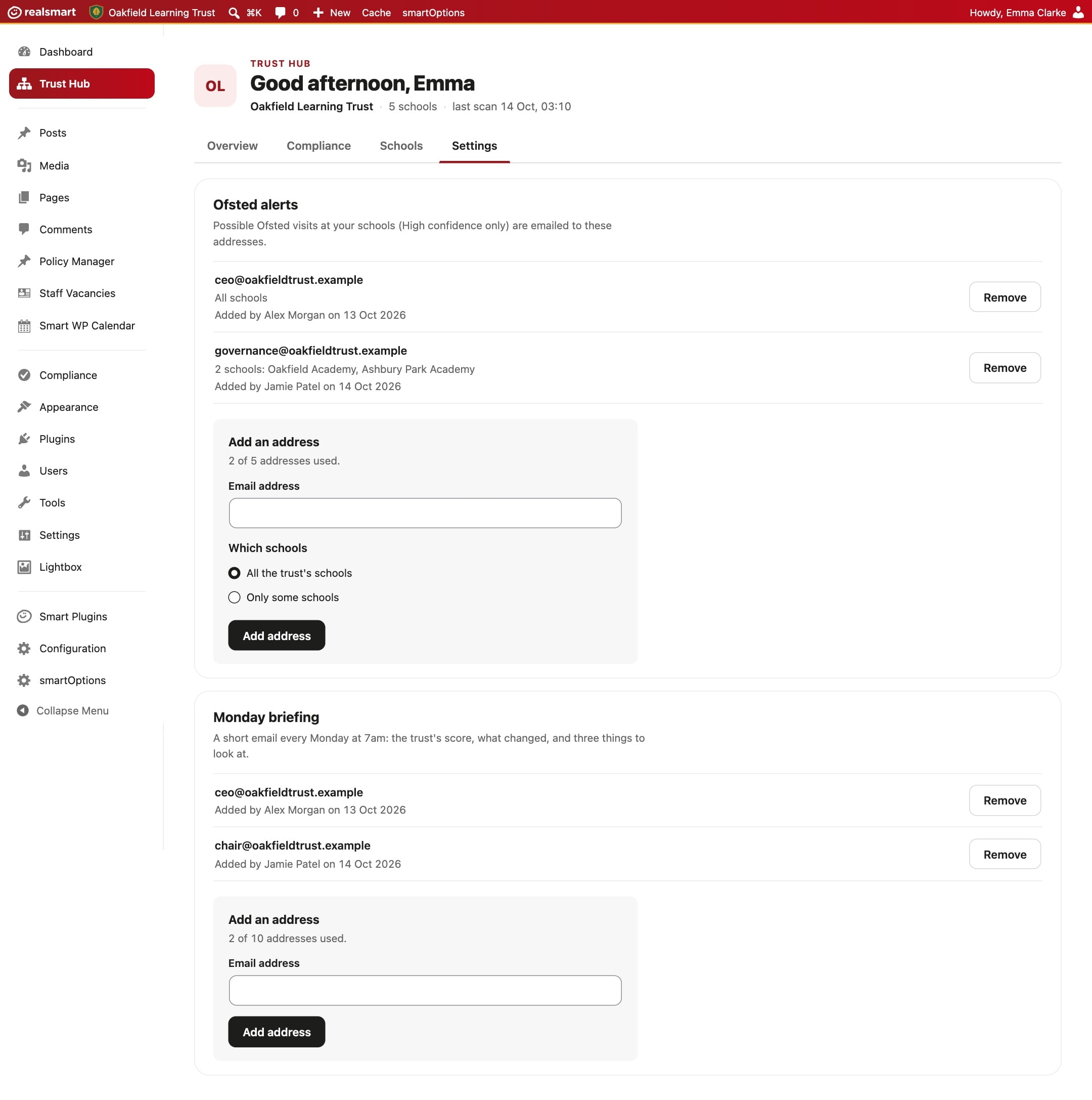 The Trust Hub Settings tab for the demo trust Oakfield Learning Trust, listing the email addresses that get Ofsted alerts and the Monday briefing.