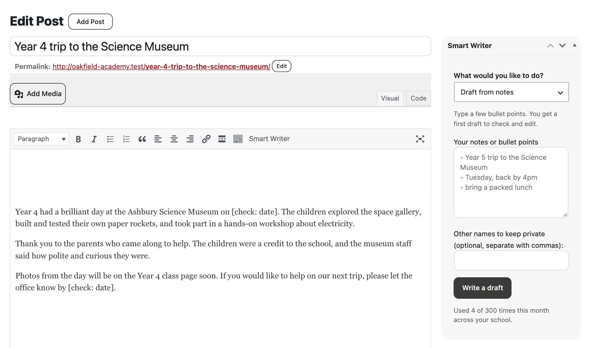 The demo school Oakfield Academy's news post editor after Smart Writer's draft was inserted, with [check: date] markers left for the editor to fill in.