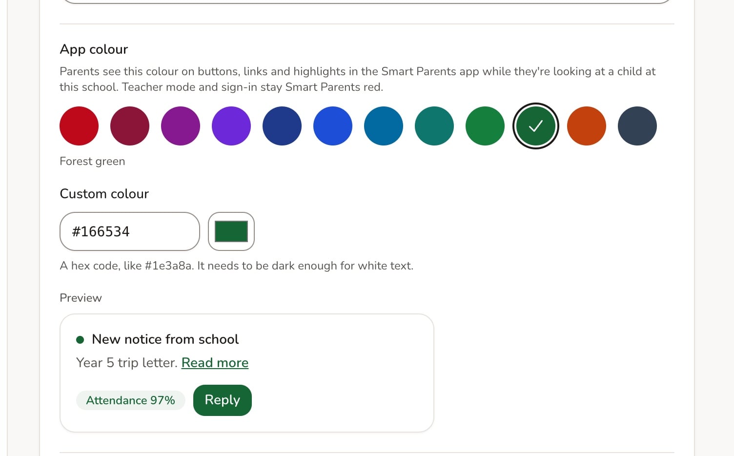 Smart Parents app colour setting with Forest green chosen and a preview of how parents will see it, at Oakfield Academy, a fictional demo school.