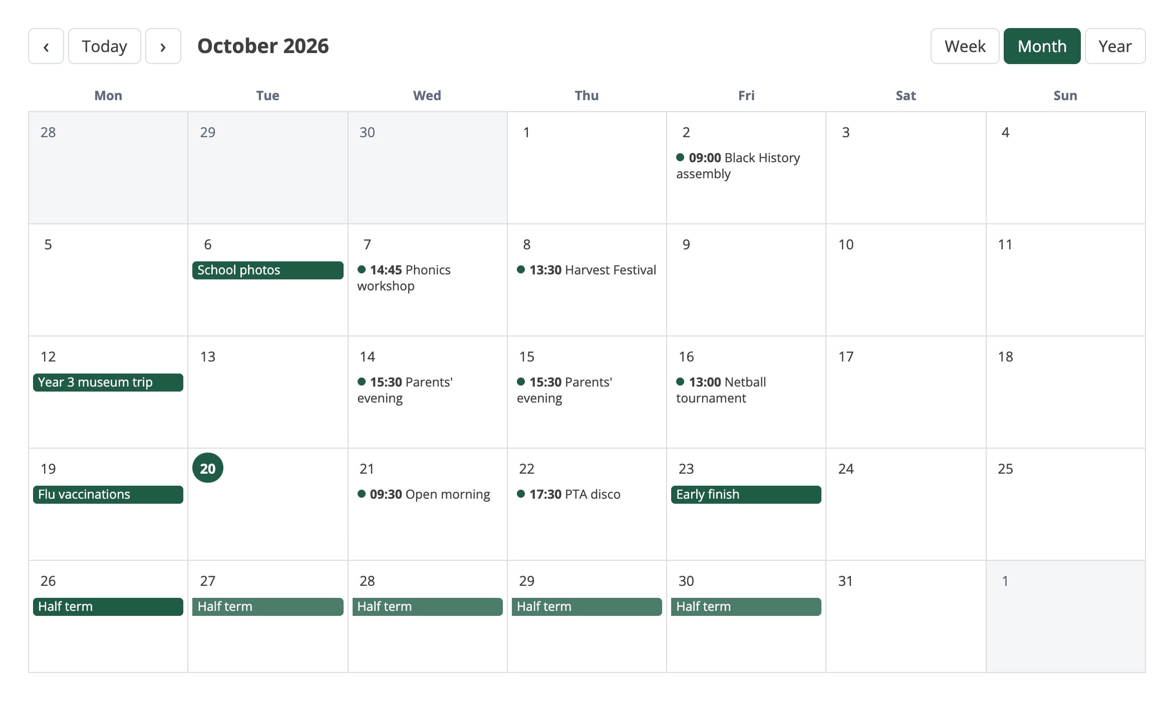 A month calendar for October 2026 on the demo school Oakfield Academy's website, showing school photos, parents' evenings, a PTA disco and half term, with Week, Month and Year buttons.