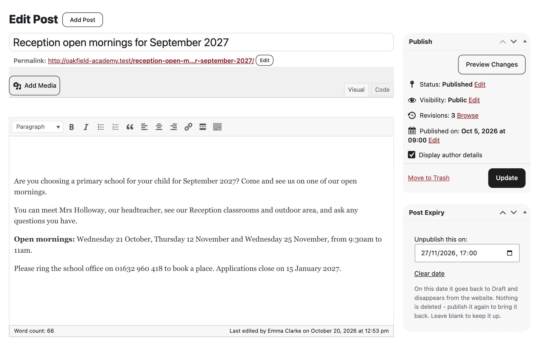 Editing a news post on the demo school Oakfield Academy's website, with the Post Expiry box set to unpublish it on 27 November 2026 at 5pm.